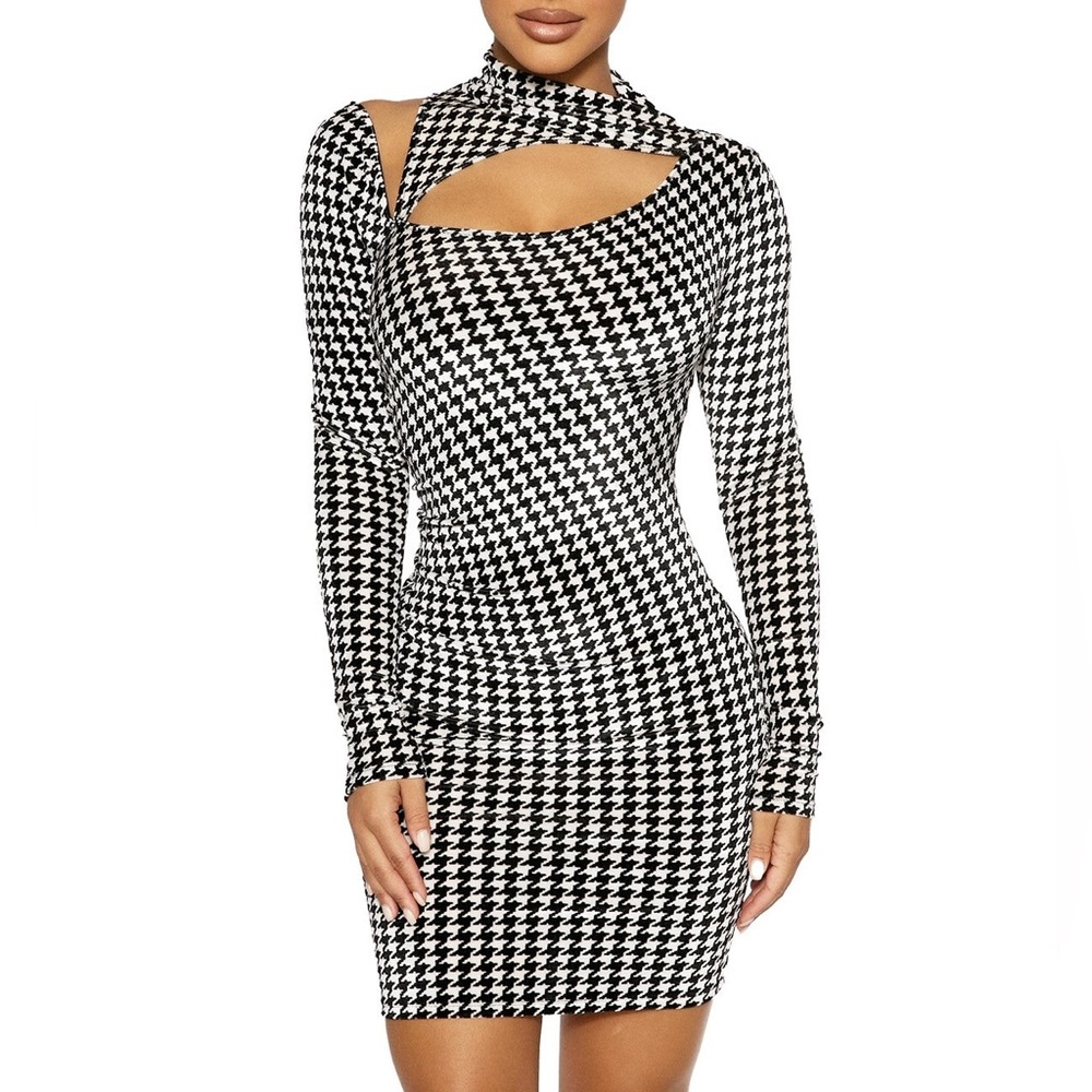 #66 NAKED WARDROBE velvet Houndstooth Mini Cut Out Dress Sz. XS NWOT